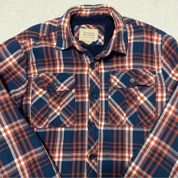 Boston Traders Shacket Mens Flannel Shirt L Orange Plaid Fleece Lined Button Up - Picture 2 of 8